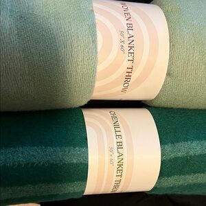 2 Green Woven and Chenille Blanket Throws